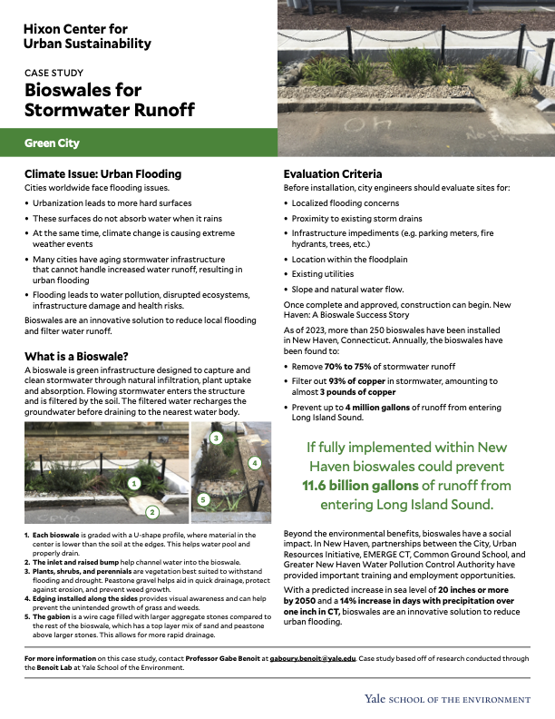 Case study one pager of using bioswales to reduce stormwater runoff