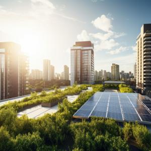 Solar panels in front of an urban landscape