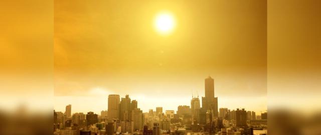 Urban Heat Island effect visualizing strong sun over an urban landscape