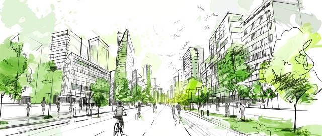 Sketch of an urban walkway with cyclists lined by trees and buildings