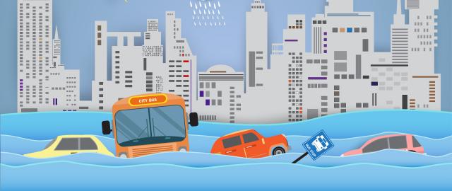 Cartoon city facing heavy rain and flooded streets