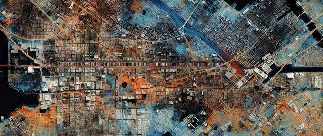 satellite view of city with thermal scale from red to blue