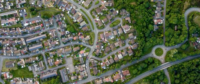 overhead view of neighborhood with tree cover