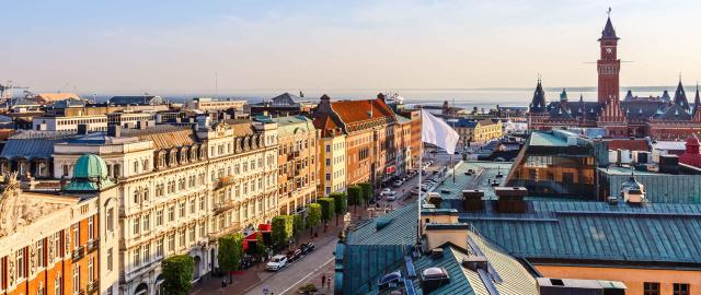 overhead view of swedish city with water in background