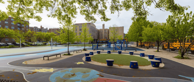 Green schoolyard in NYC with trees