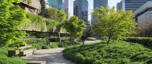 Pathway through green futuristic city