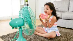 A kid eating watermelon in front of a fan