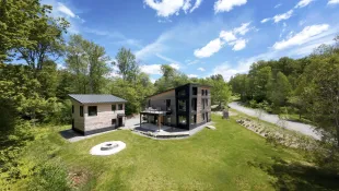 Houses with solar panels on the roofs