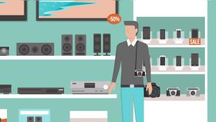 An illustration of a man standing in a tech shop