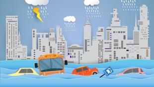 Cartoon city facing heavy rain and flooded streets