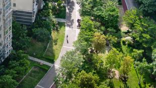 Aerial view of an urban green space surrounded by high-rise buildings