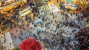 overhead view of Shibuya Crossing in Tokyo, Japan Shibuya Crossing, a popular pedestrian crosswalk in Tokyo, Japan, is one of the busiest in the world. 