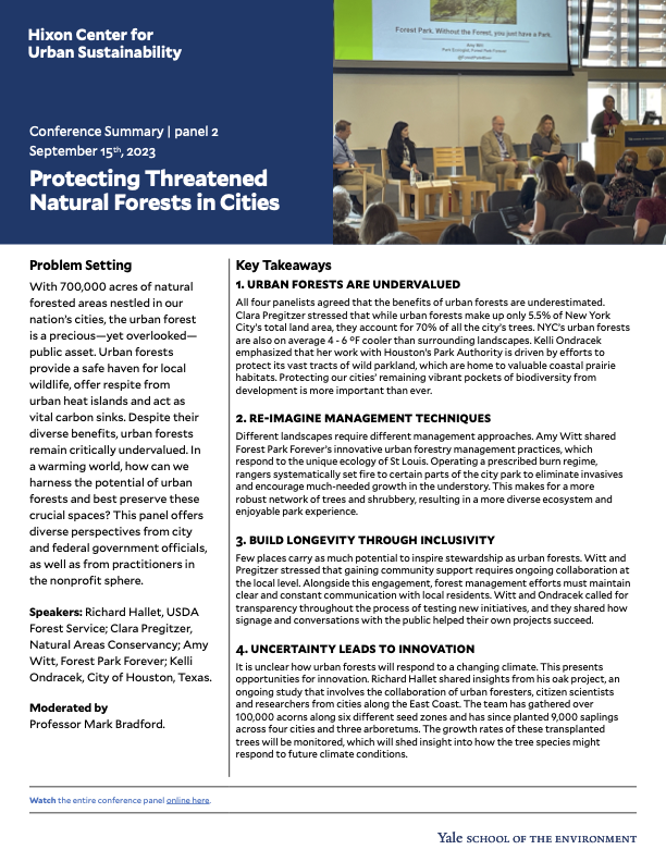 Conference summary for panel on protecting threatened natural forests in cities, page 1