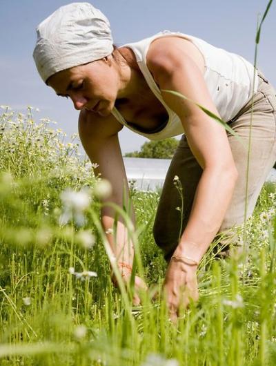 Photo of Meredith Azevedo tending to crops in a green field.