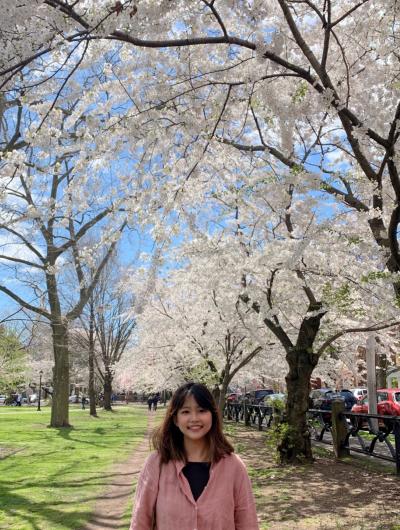 Hayon Michelle Choi underneath cherry blossom trees.