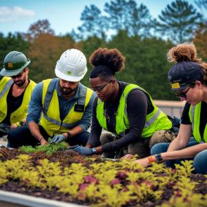 Community members planting a rooftop garden to expand green infrastructure projects.