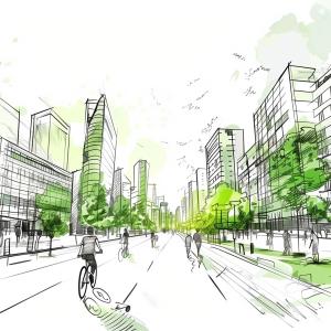 Sketch of an urban walkway with cyclists lined by trees and buildings