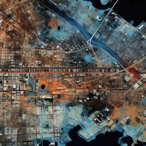 satellite view of city with thermal scale from red to blue