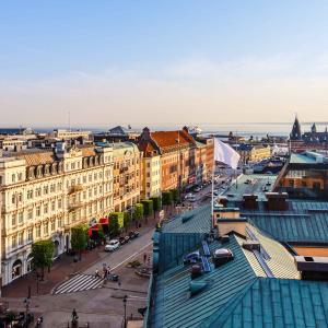 overhead view of swedish city with water in background